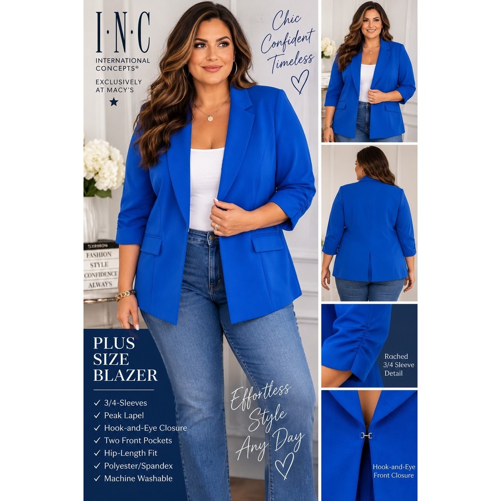 INC International Concepts XXL Cobalt Blue Ruched 3/4 Sleeve Kiss-Front Blazer